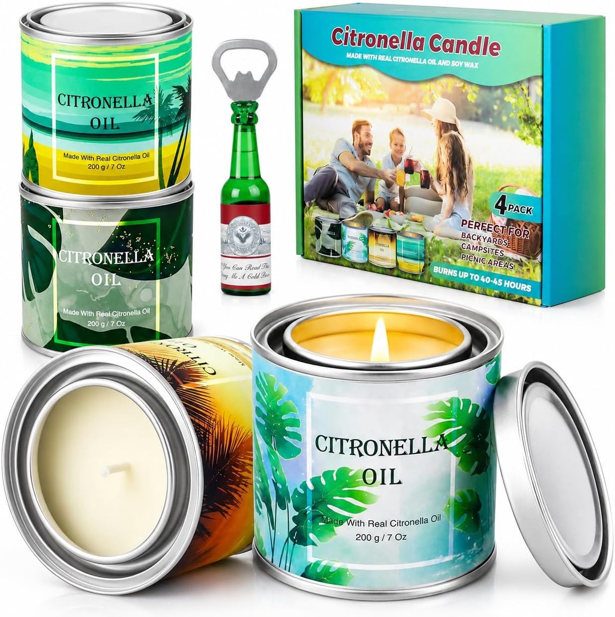 SnelShoppen - Citronella Kaarsen Set van 4 Stuks in Metalen Blik voor Buiten, Tuin, Balkon, Camping, Feest - Langdurige Brandduur van 200 Uur - Geurig
