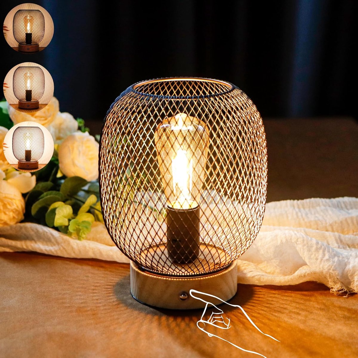 SnelShoppen - Draadloze Touch Tafel Lamp - Metal Cage LED Lantaarn - Warm Gouden Licht - Houten Basis - Voor Feesten, Tuin, Binnen en Buiten - Rond De