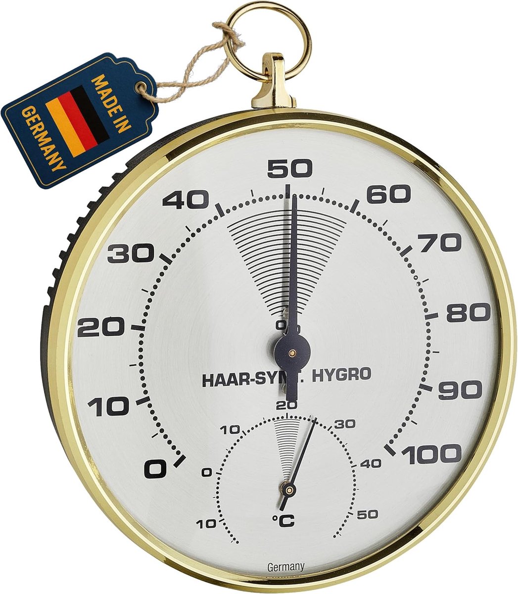 SnelShoppen - Analoge Thermo-Hygrometer met Messing Ring - Temperatuur en Vochtigheid Meter - Gezond Binnenklimaat - 102x35x113mm - Duurzaam Kunststof