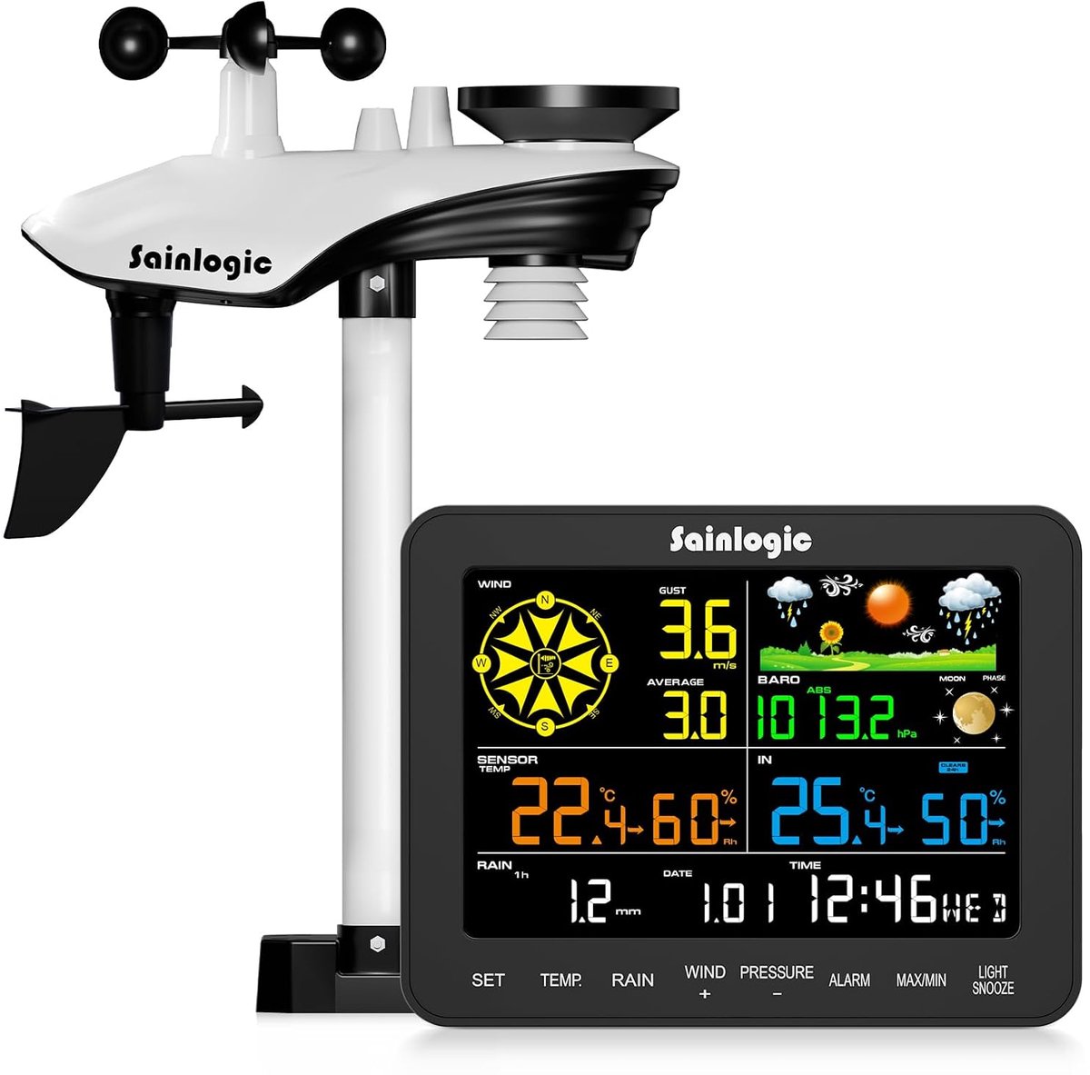 SnelShoppen - Draadloze Weerstation voor Binnen - 6.5 Inch Kleuren LCD, Weerbericht, Temperatuur, Luchtvochtigheid, Luchtdruk, Regen en Windsnelheid -