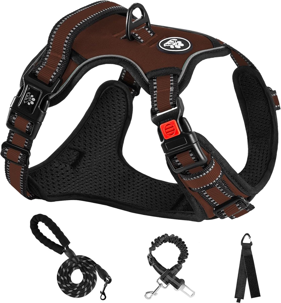 SnelShoppen - Hondenharnas Medium Honden, No Pull Harnas voor Middelgrote Honden, Verstelbaar en Gevoerd, Bruin, Maat M, Inclusief Leash en Veiligheid