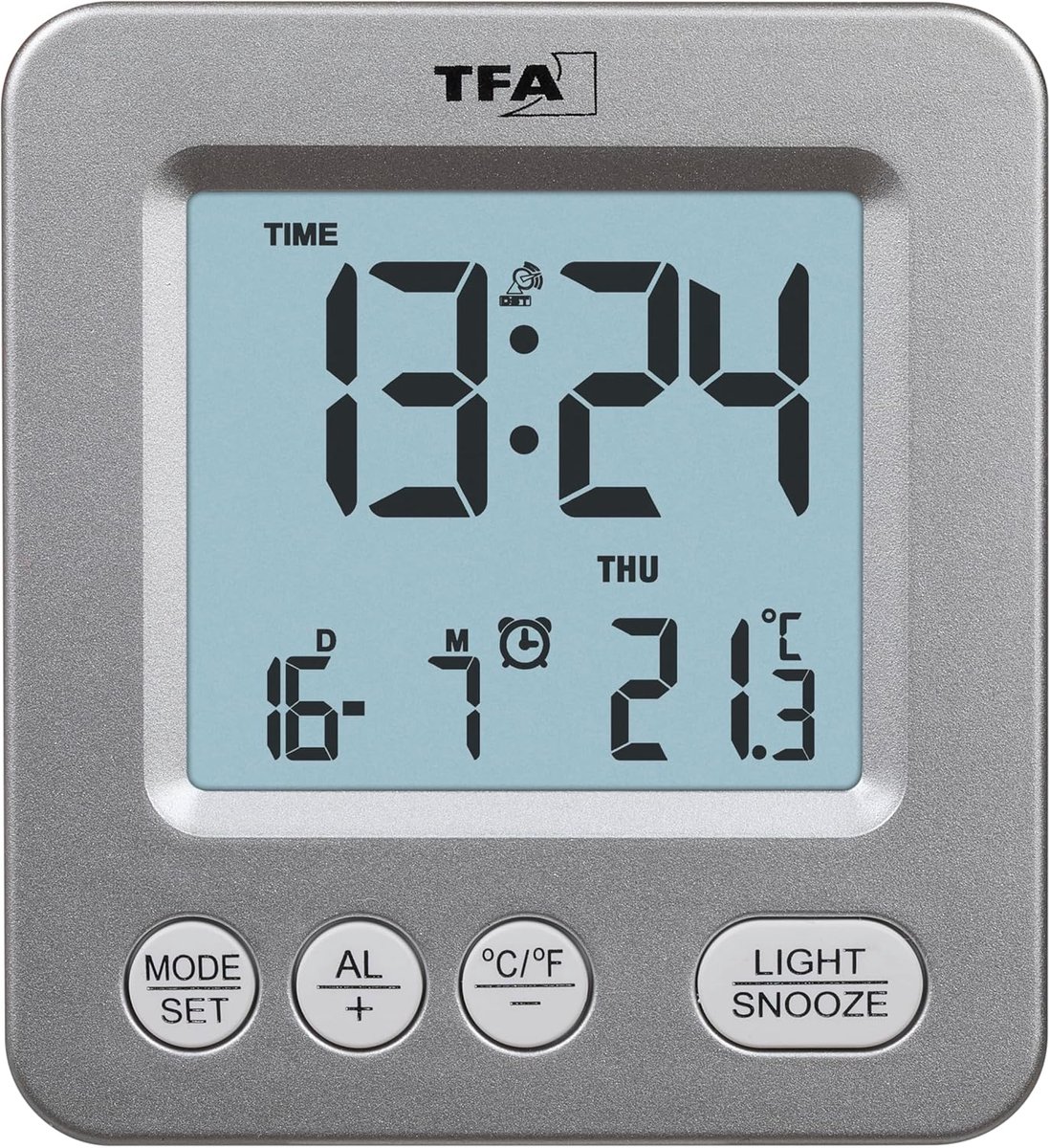 SnelShoppen - Digitale Reiswekker met Thermometer, Snooze Functie, Kalenderweergave, Compact en Draagbaar, Zilver, 12/24 Uur, Perfect voor Thuis en Op