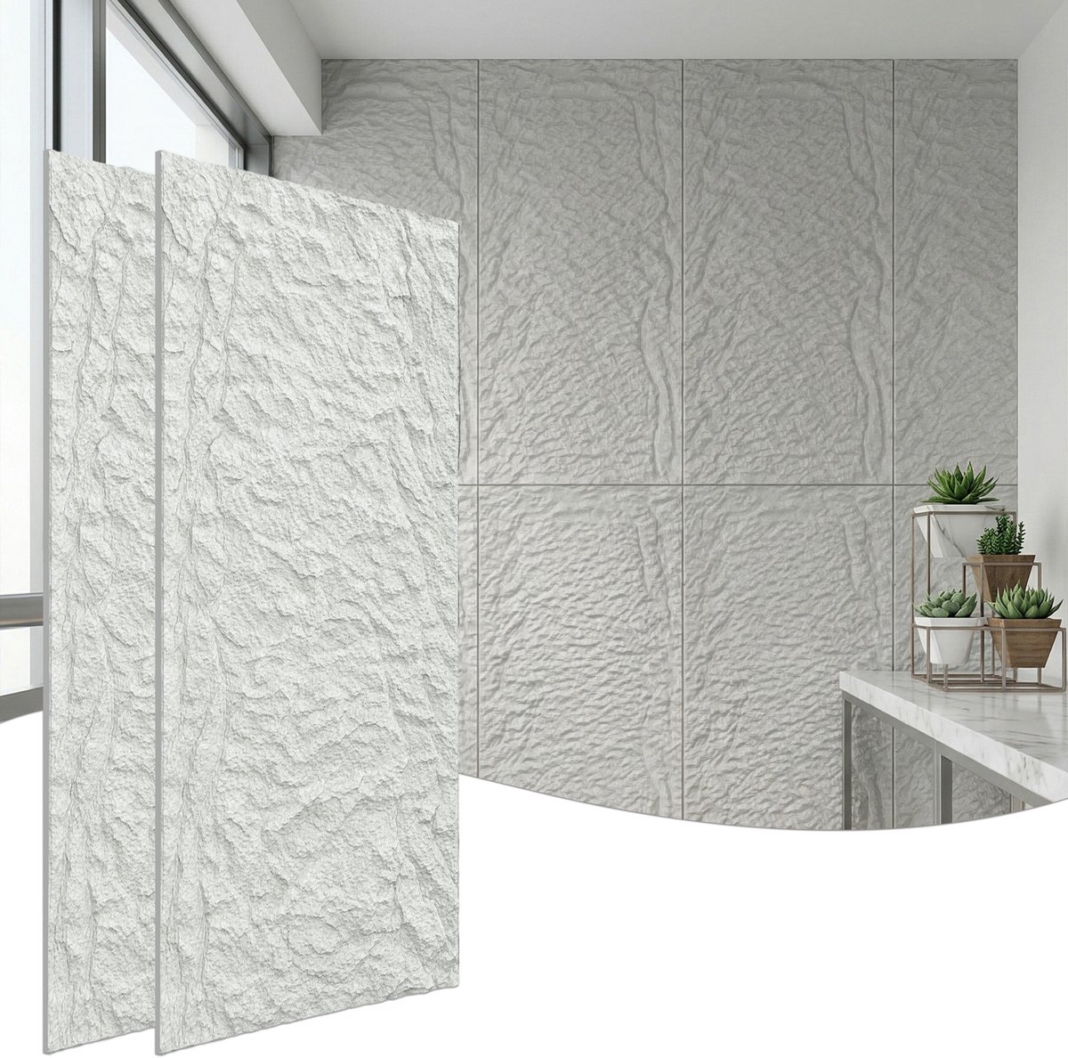 Froadp 4 stuks Plaatwerk met rotslook, 120 x 61 cm, 5 cm dik wandpanelen, PU-wandbekleding Crèmekleurig wit