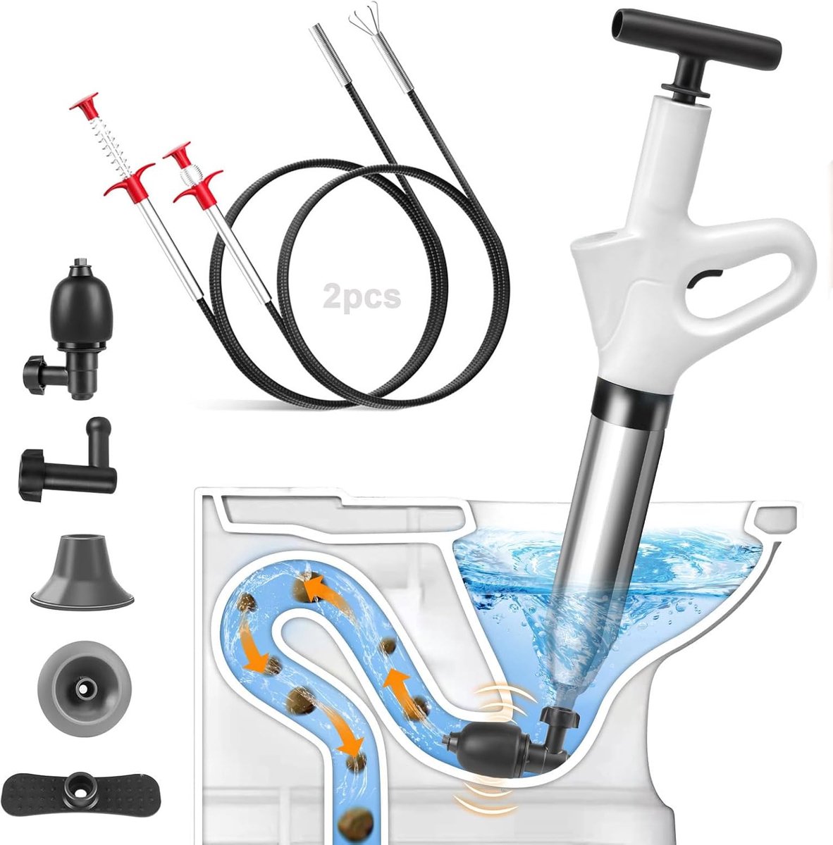 SnelShoppen - Pneumatische Hoge Druk Afvoer Ontstopper met 4 Verwisselbare Zuigkoppen | Professionele Ontstopper voor WC, Keuken, Badkamer & Douche |