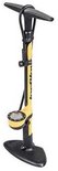 Gele Topeak JoeBlow Sport III fietspomp met zwarte handgreep en voet. Heeft een drukmeter.