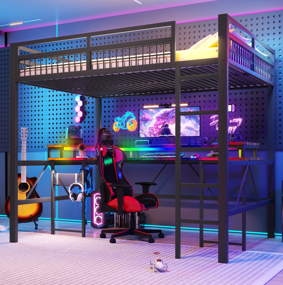 COVREO Hoogslaper 140x200 cm - met bureau, LED-verlichting, pegboard en stopcontacten, zwart