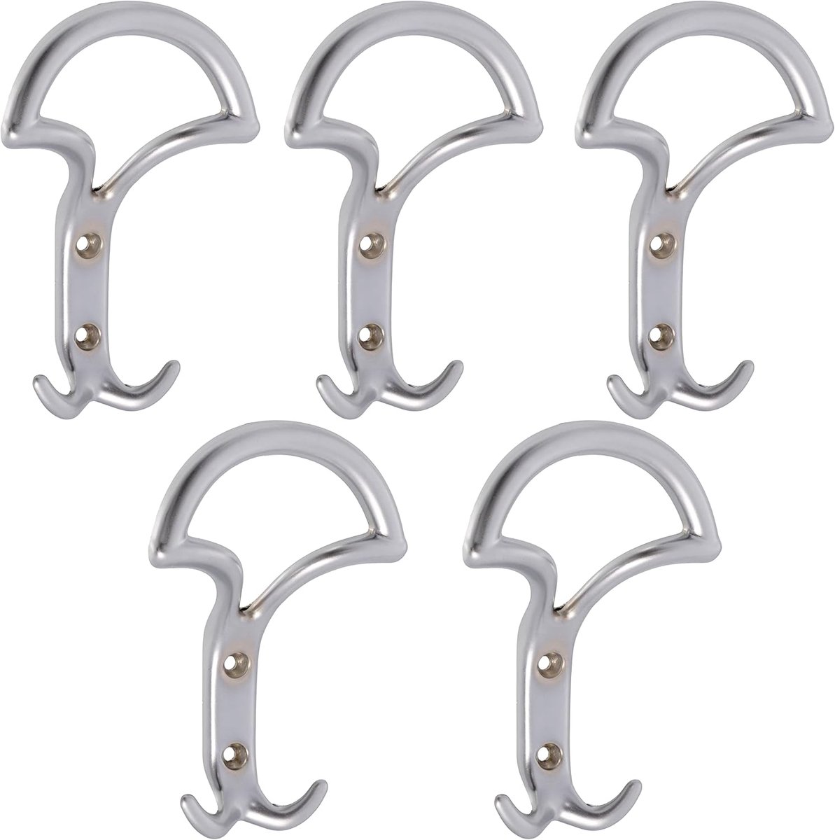 SnelShoppen - Set van 5 Triple Wandhaken 145x92x44mm - Dubbele Haak Hanger voor Jas, Cap, Badjas, Handdoek - Metalen Wandhaak in Matt Zilver - Ideaal