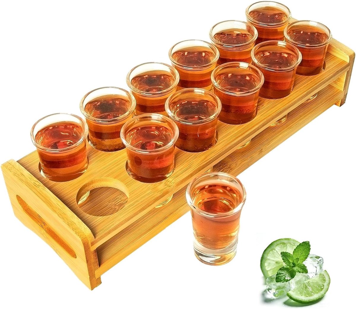 SnelShoppen - Shotglas Set met Cocktailhouder en Drinks Serving Board Organizer - 12 Stuks 1oz/30ml Duidelijke Kristal Glazen voor Whisky Vodka Rum -