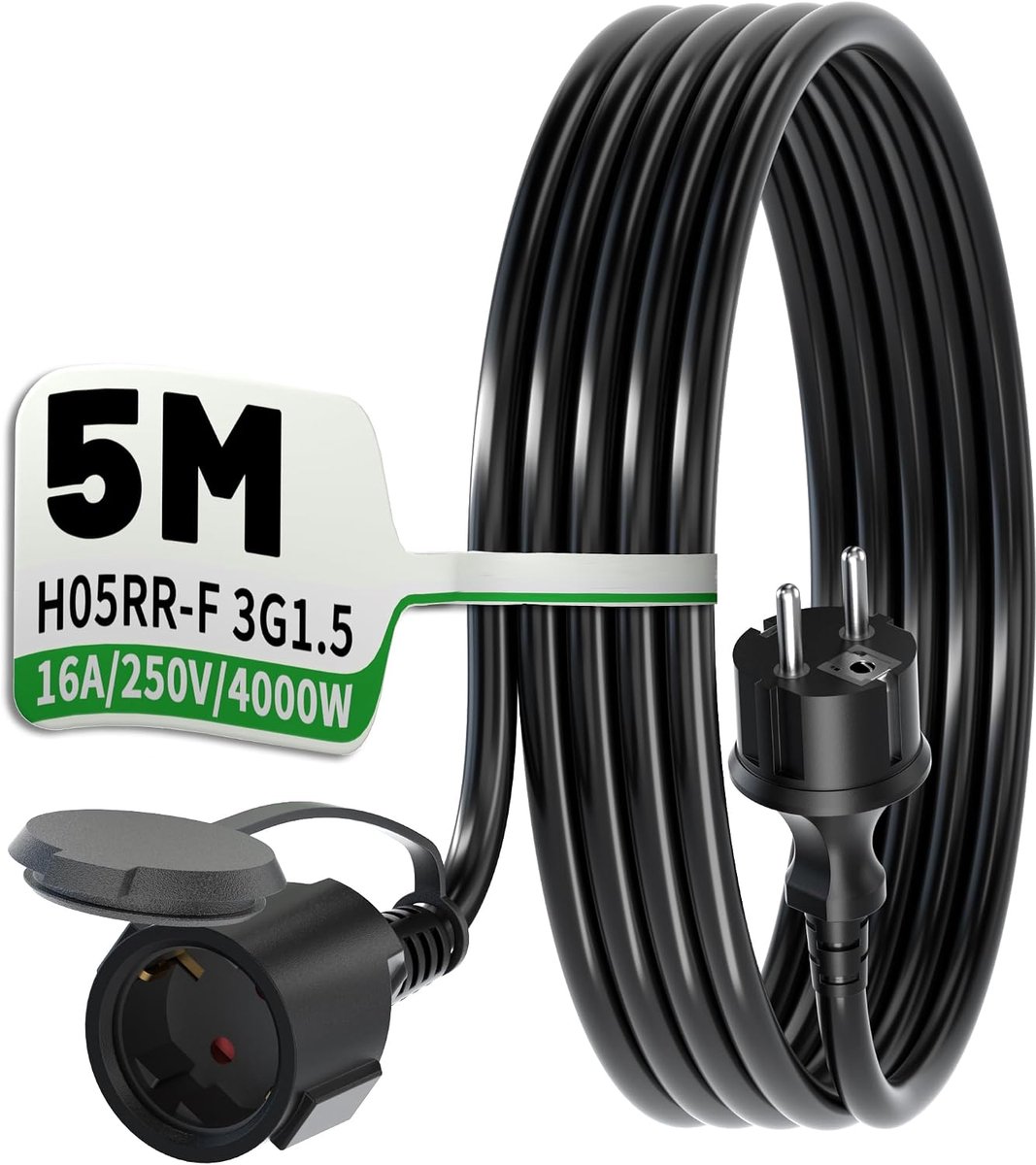 SnelShoppen - Verlengkabel Buiten 5m Zwart H05RR-F 3G1,5 Rubber Kabel 16A/250V Flexibel voor Tuin Camping Waterdicht Weerbestendig
