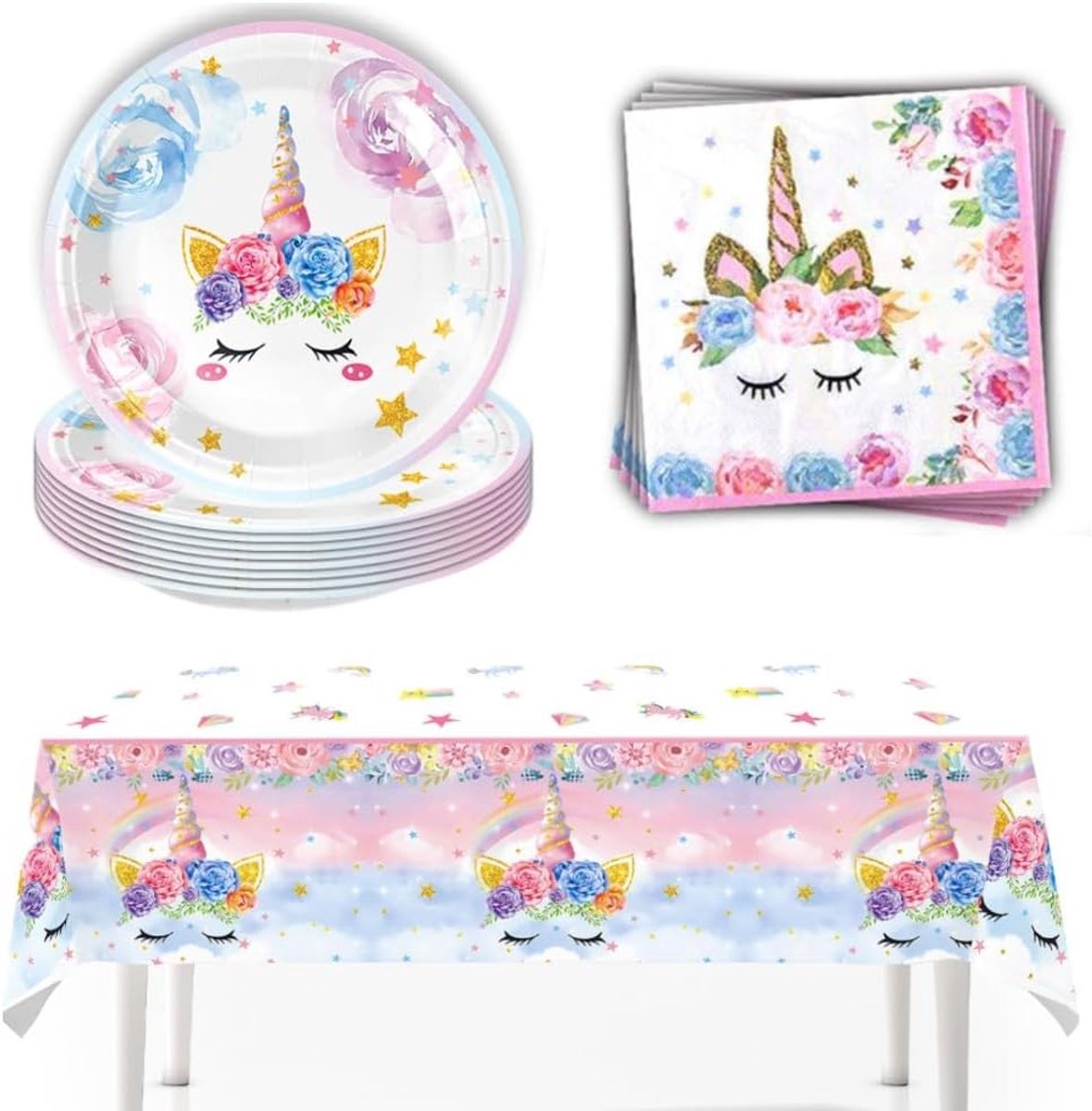 SnelShoppen - Unicorn Party Tableware Set - 41 Stuks - Disposable Papieren Borden, Servetten en Tafelkleed - Perfect voor Kinderfeestjes, Verjaardagen