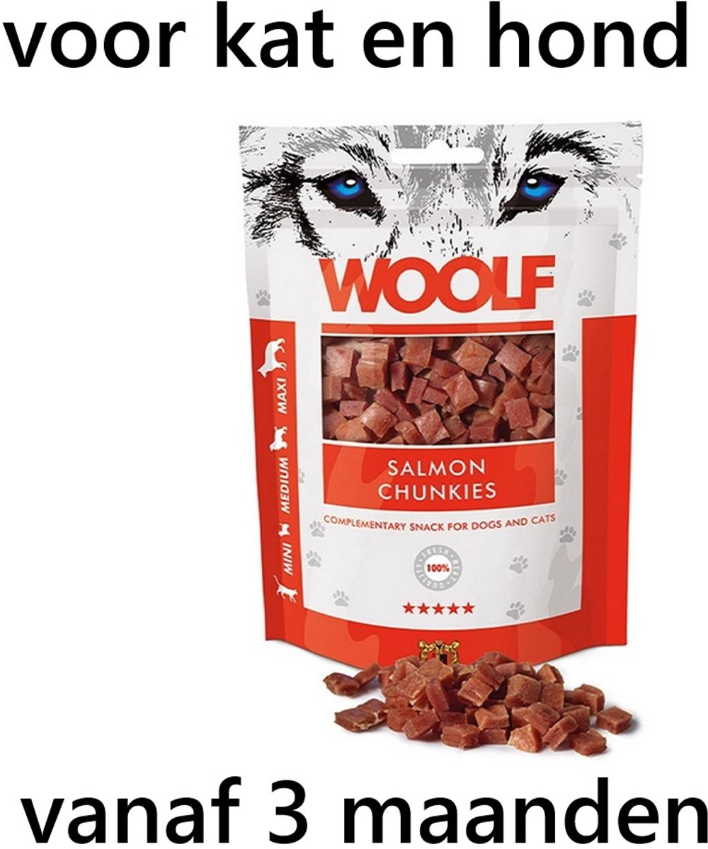 Woolf - ** 2 X ** Woolf Honden en kattensnack - salmon chunkies -zalmblokjes - 100% vers vlees - premium - = 200 gram ***vanaf 3 maanden