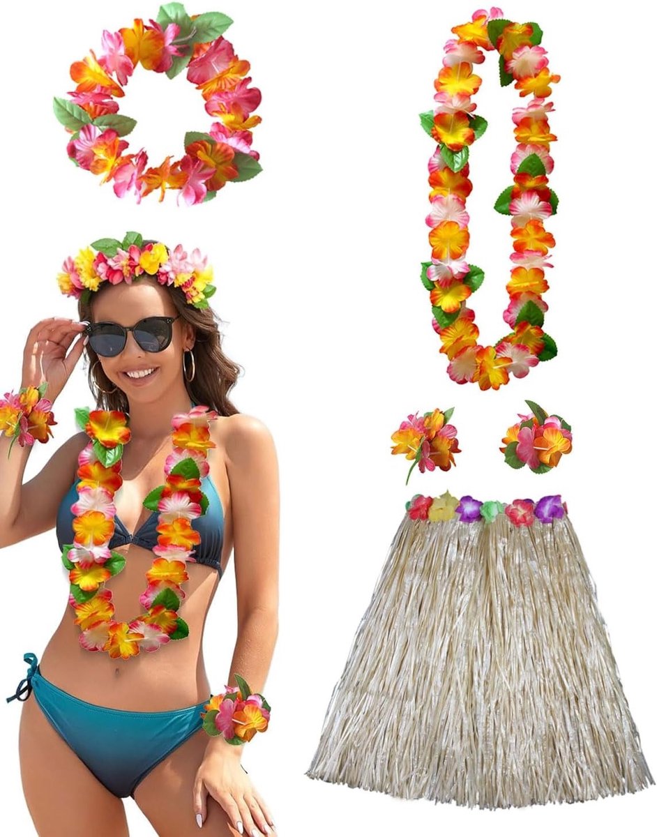 Hawaï-thema kostuum met strorok, halsketting, armband en slinger voor dames en volwassenen, perfect voor strandfeesten en tropische evenementen