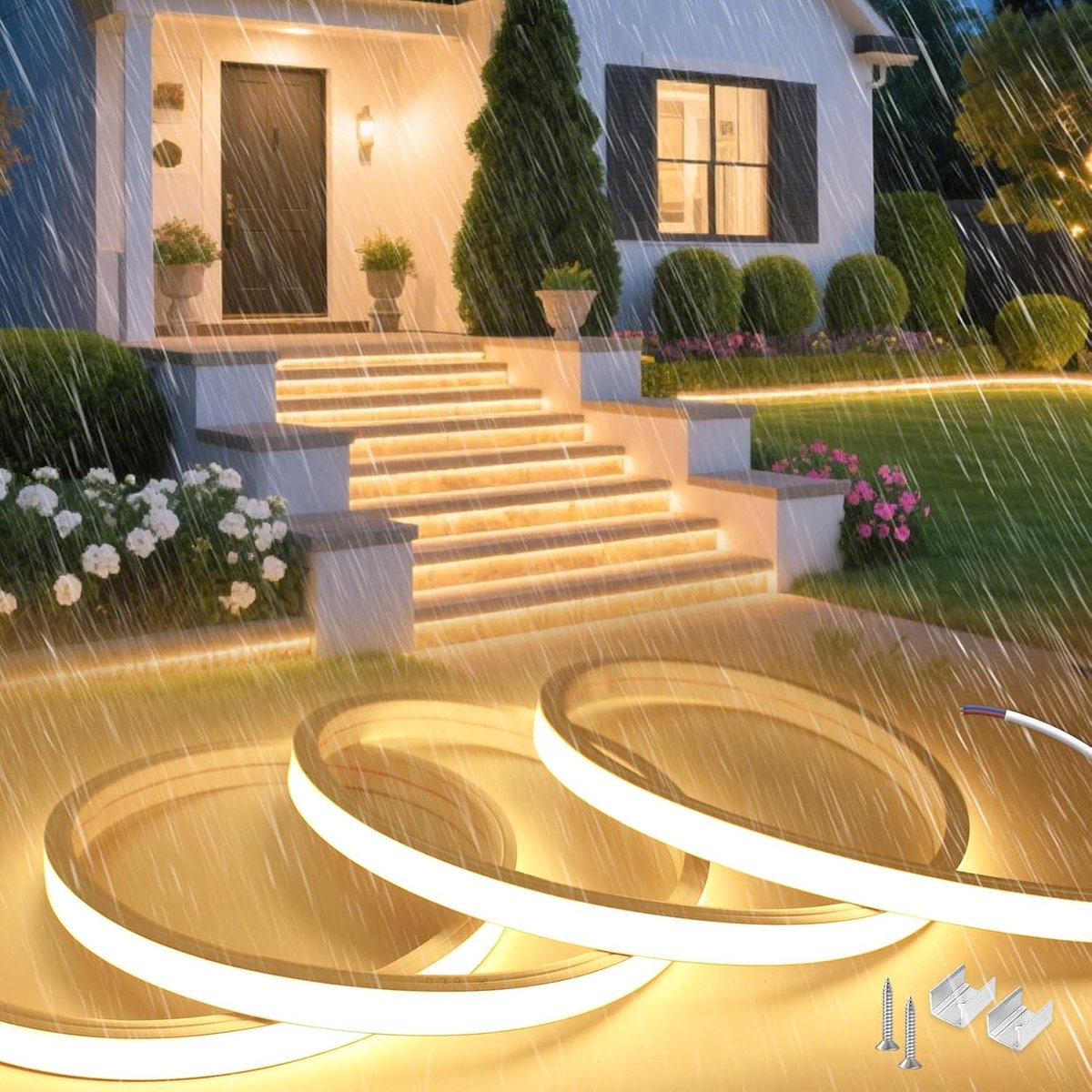 SnelShoppen - 2m Neon LED Strip 230V Directe Aansluiting - Waterdicht Silicone IP65 - Warm Wit 3000K - Snijbare Buitenverlichting voor Tuin, Feest en