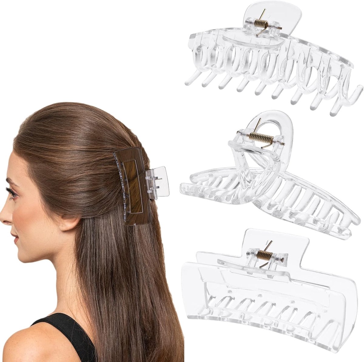SnelShoppen - Pack van 3 Grote Haarclips voor Dik Haar, Doorzichtige Plastic Haarspelden met Sterke Tanden, Interlocking Banana Haarspelden, Grote Haa