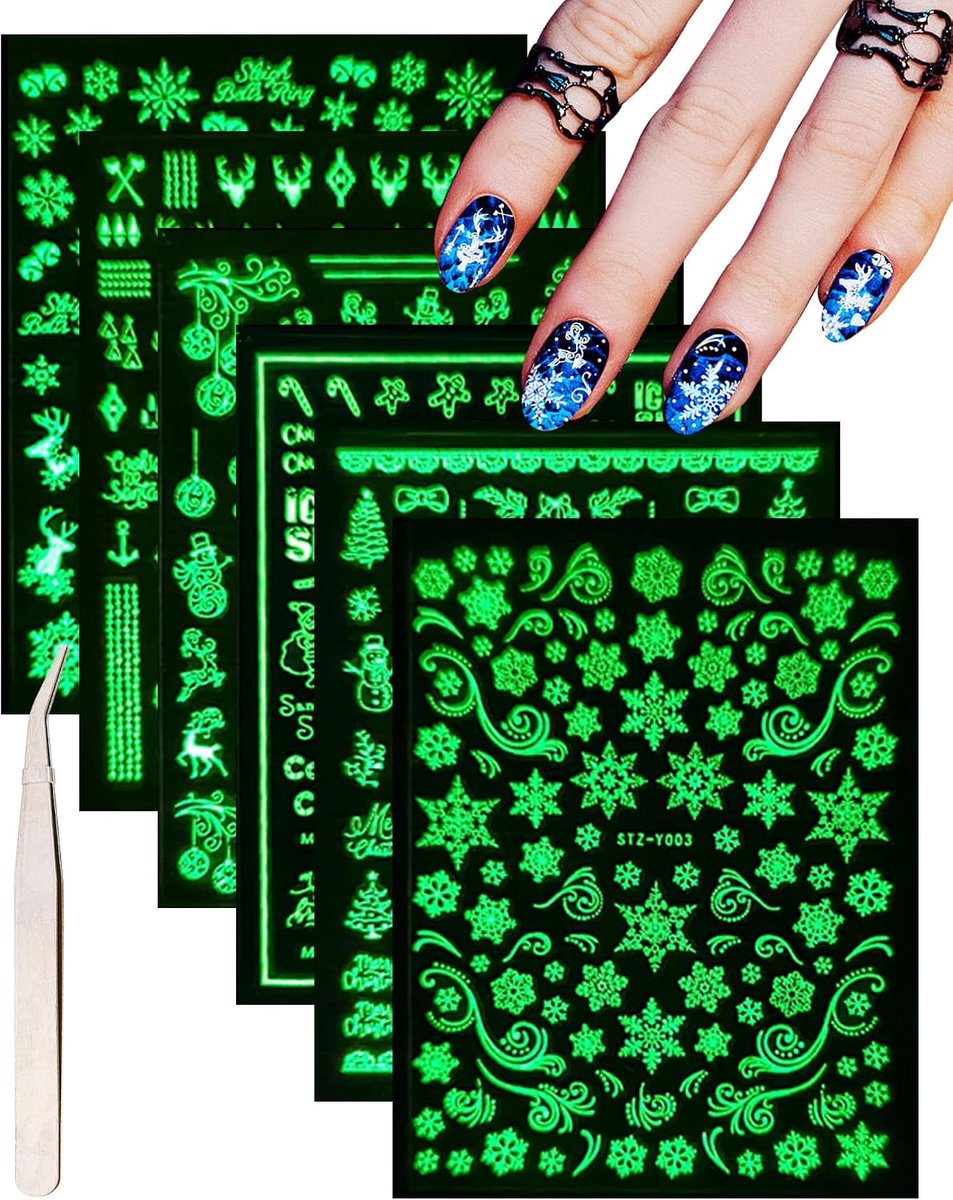 SnelShoppen - Nail Stickers Kerst 6 Vel Luminous Nail Art Stickers Zelfklevende Nagelstickers met 1 Pincet, Winterse Kerstboom Hert Sneeuwvlok Decorat
