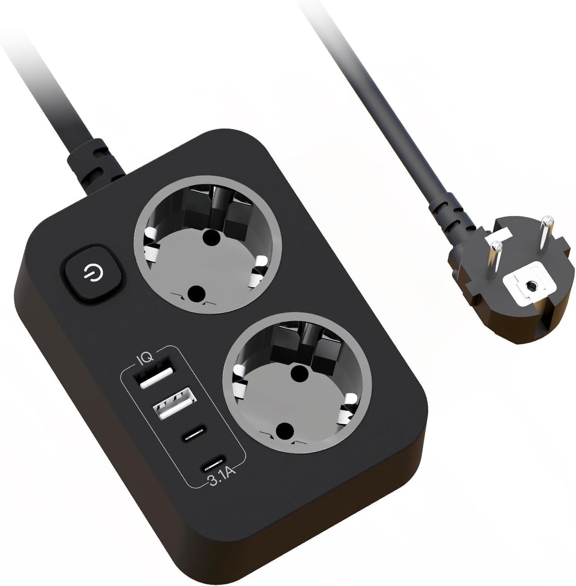 SnelShoppen - Powerstrip met USB-C, 2-Weg Wandcontactdoos, Wandmontage met Overspanningsbeveiliging, Draagbare 1.8m Verlengkabel voor Thuis, Kantoor e