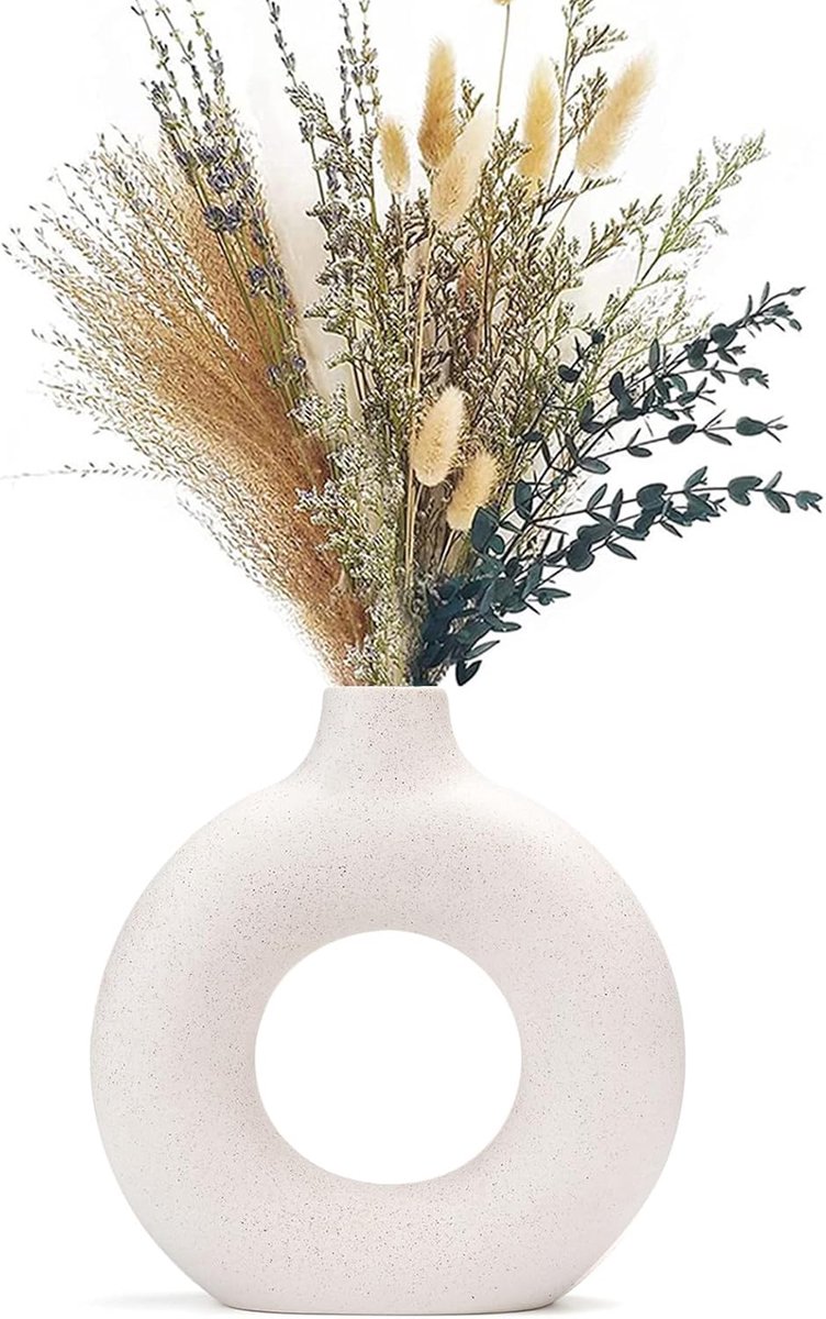 SnelShoppen - Moderne Donut Vaasje voor Drogen Bloemen - Beige Keramiek Vaas - Perfect voor Woonkamer en Kantoor - Hoogwaardige Porselein - Diverse Ma