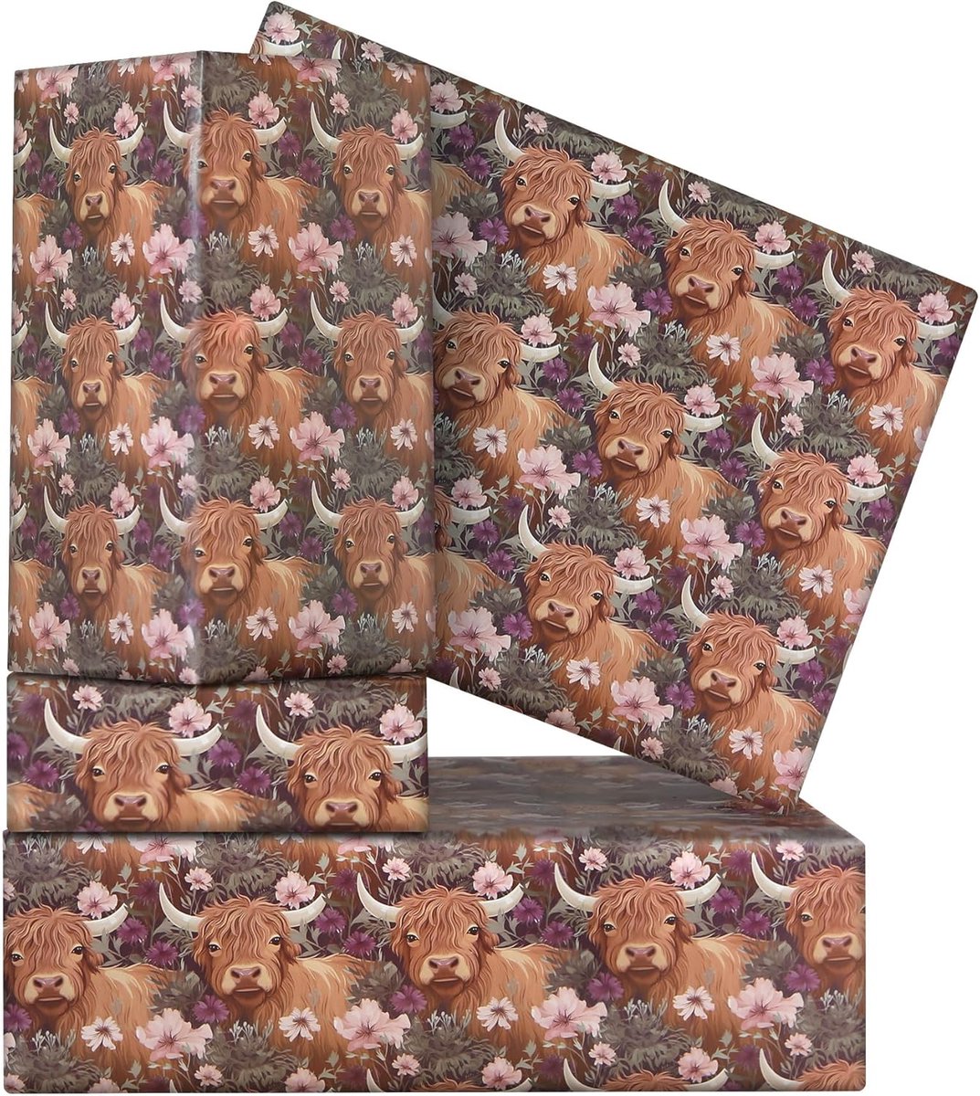 SnelShoppen - Highland Cow Inpakpapier voor Kinderen - Waterverf Yak Design - 4 Vellen 50x70cm - Bloemen Patroon - Perfect voor Verjaardag, Bruiloft e