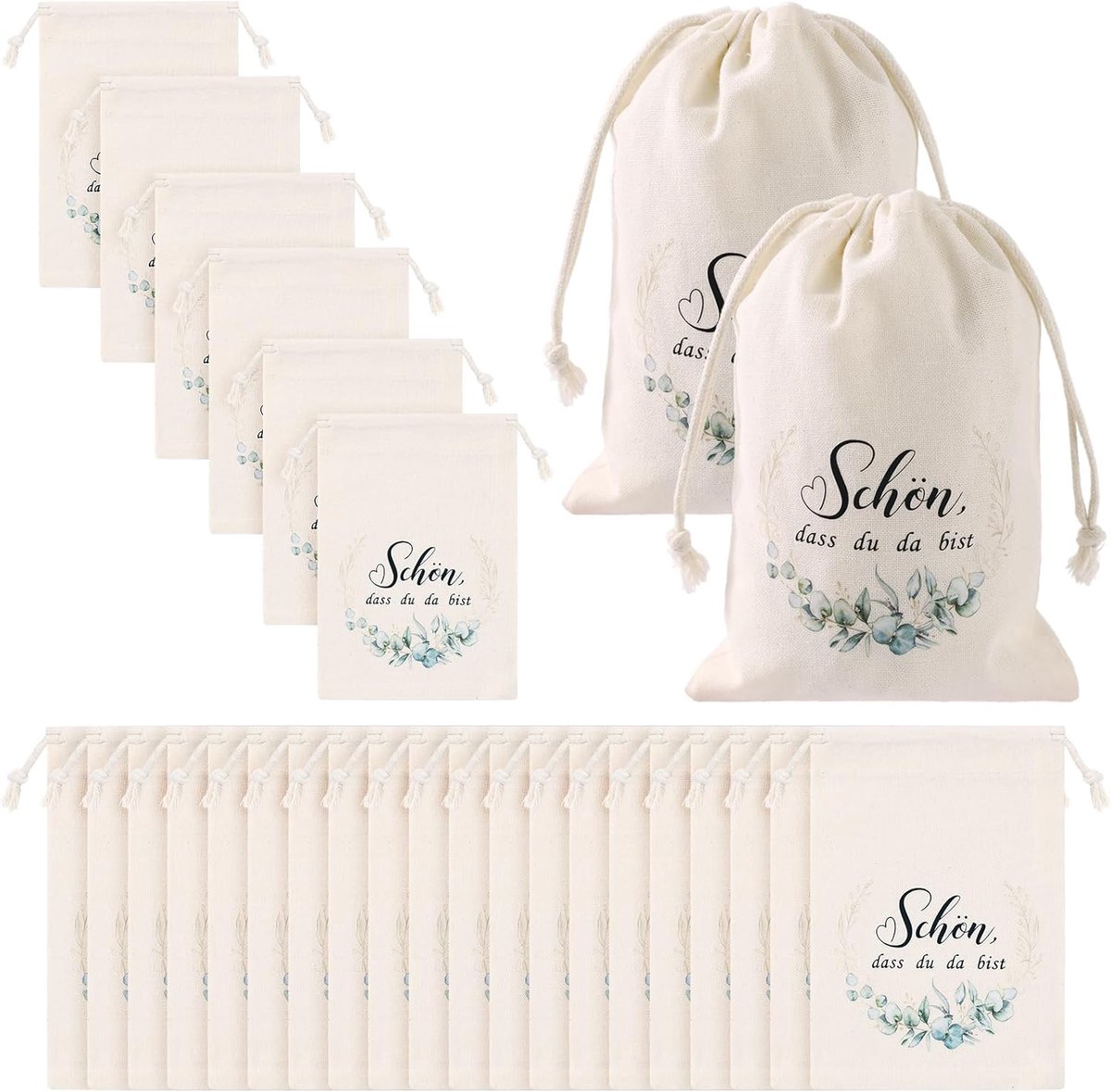SnelShoppen - 24 Katoenen Zakjes met Trekkoord 15x20 cm - Stoffen Geschenkzakjes met Eucalyptuspatroon - Perfect voor Bruiloft, Verjaardagsfeest en Ga
