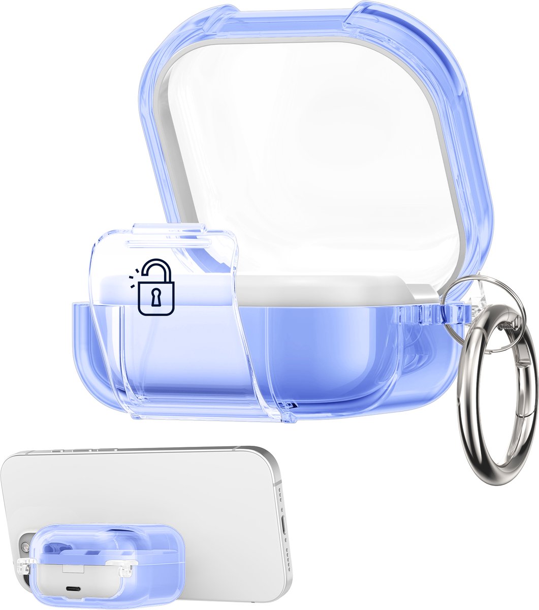kwmobile Transparante hoofdtelefooncase voor Samsung Galaxy Buds 4 / Galaxy Buds 4 Pro hoes - Headphones TPU cover met standaardfunctie en veiligheidsvergrendeling - blauw