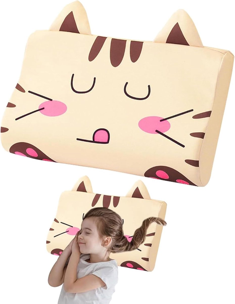 SnelShoppen - Kinderen Kussen 44 x 27 cm, Ergonomisch Memory Foam Kussen voor Kinderen, Kawaii Dier Kussen met Hoes voor Zachte Dromen (Kitten)