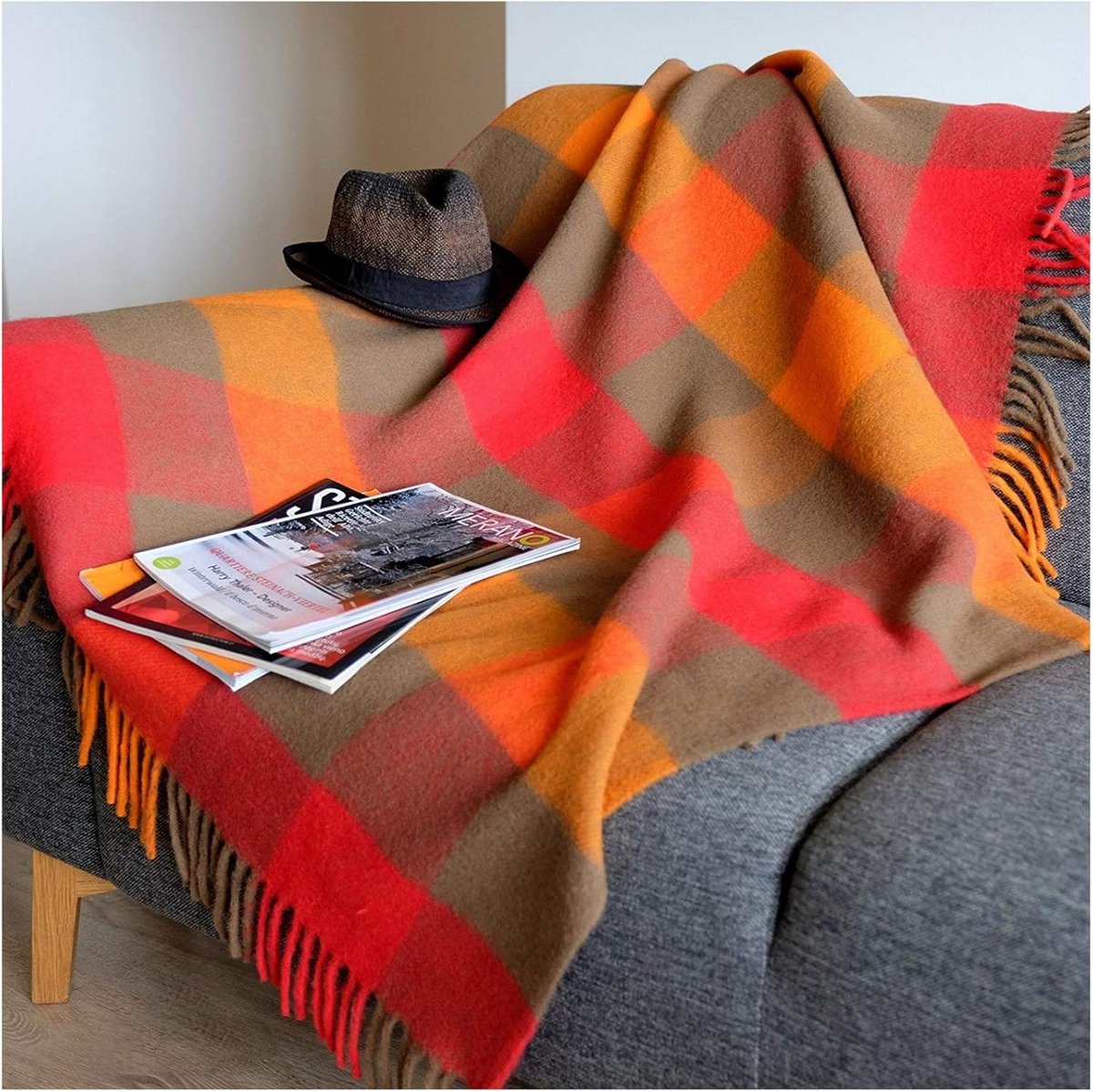 SnelShoppen - Cuddly Wool Blanket 130x170cm - 100% Nieuw-Zeelandse Wol - Kleurvol Geruit - Perfect voor Sofa, Camping, Picknick en Kinderen - Bruin Ro