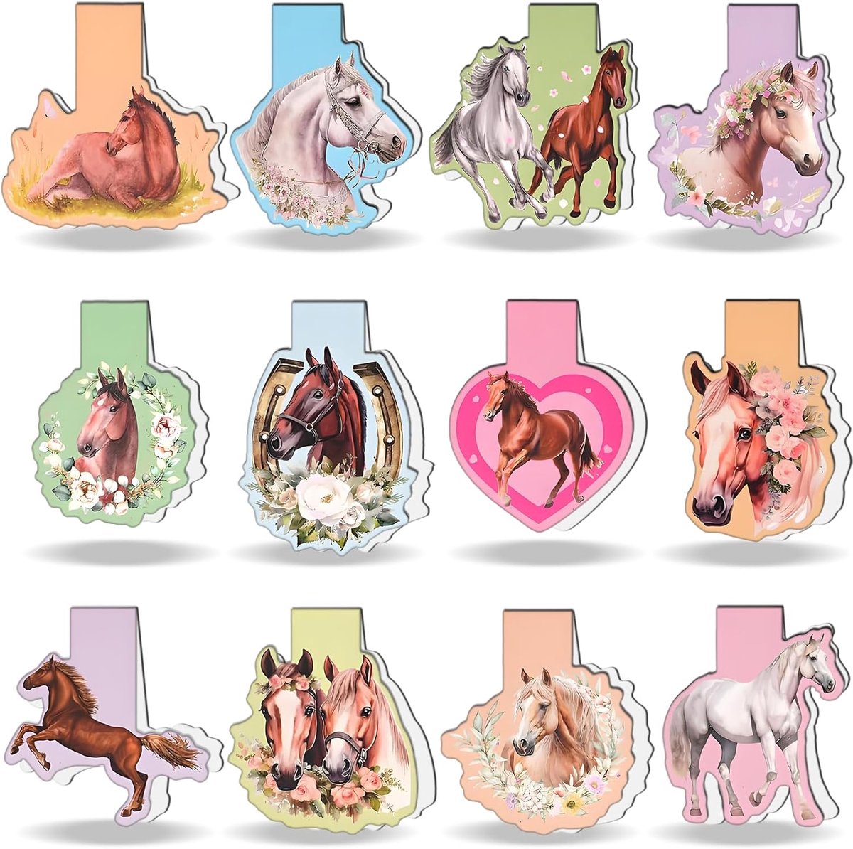 SnelShoppen - Set van 24 Magnetische Boekenleggers met Paard Motieven - Perfect Cadeau voor Kinderen, Verjaardag, Eerste Schooldag, Boekliefhebbers, J