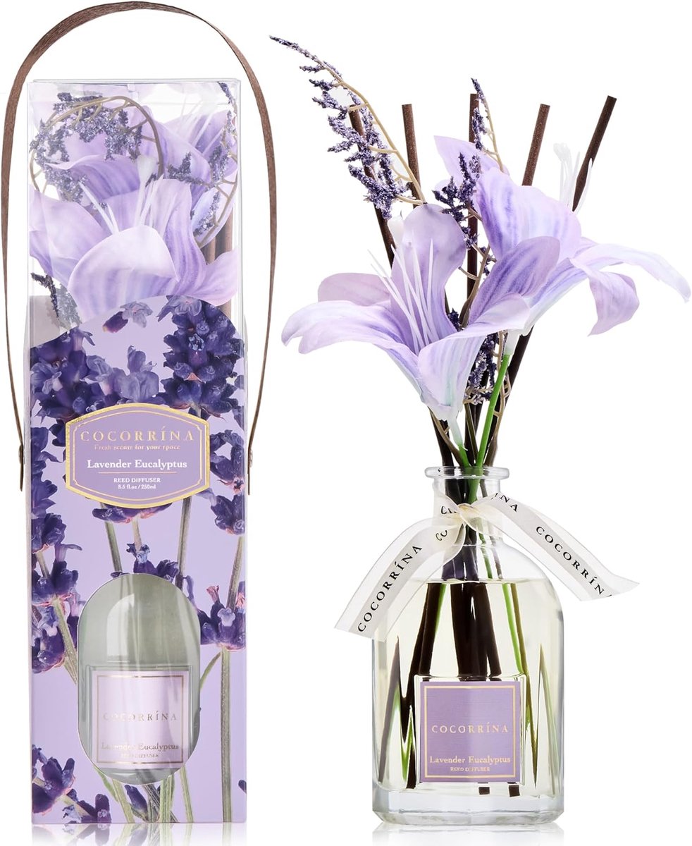 SnelShoppen - COCORRÍNA 250ml Geurverspreider Lavendel Eucalyptus met Geven Ribbons en Geurstokjes - Natuurlijke Langdurige Huissfeer voor Woonkamer,