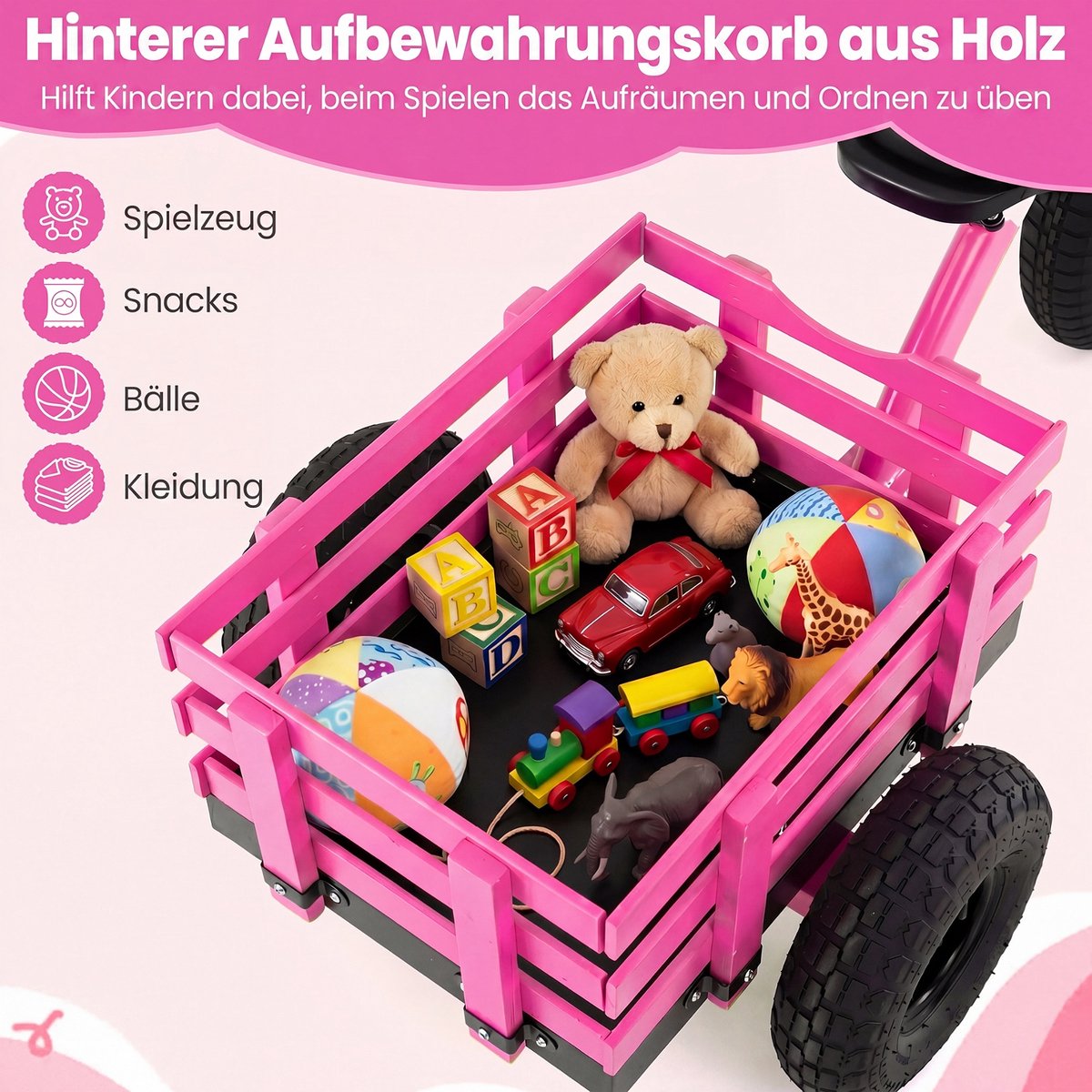 COSTWAY Kinderdriewieler, loopfiets met aanhanger, verstelbaar zadel & stuur (Roze)