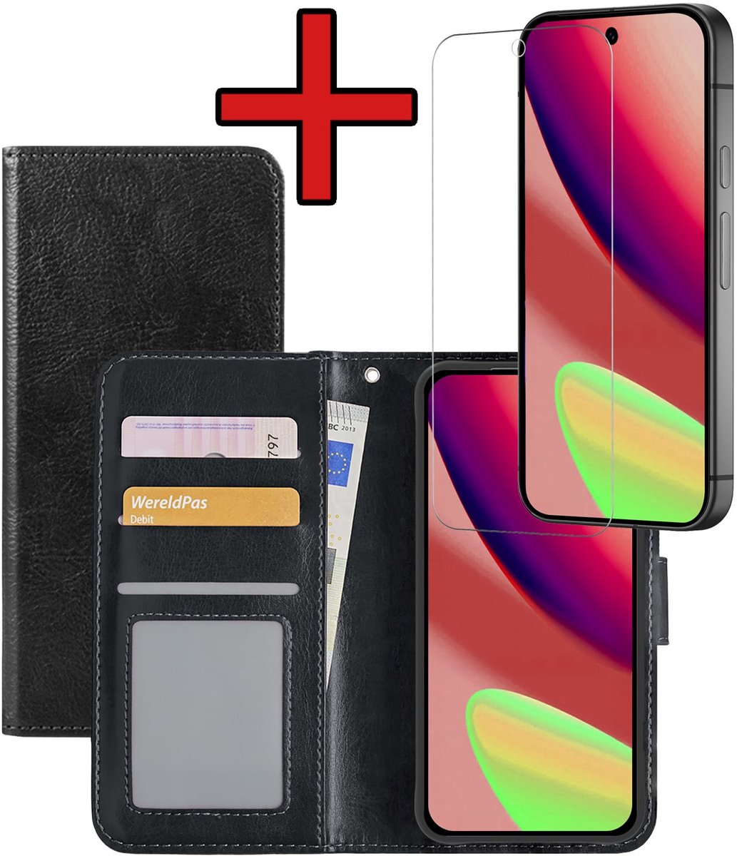 Hoesje - Met Screenprotector - Geschikt voor Google Pixel 11 Pro - Luxe Pasjeshouder - Bookcase Portemonee - Flip Case - Kunstleer Book Case - Flipcase - Book Cover - Walletcase - Portemonneehoes - Zwart