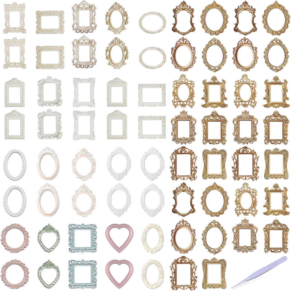 SnelShoppen - 40 Stuks Vintage Scrapbook Frames, Hollow Embossed Lace Stickers, Foto Frames voor Scrapbooking, Journaling Accessoires met Tweezers, Cr