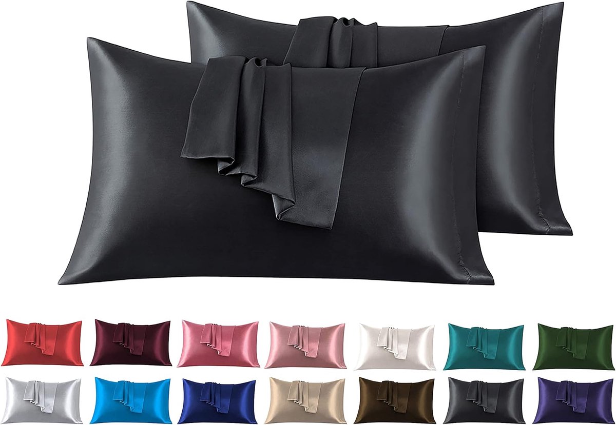 SnelShoppen - Set van 2 Zachte Satijnen Kussenslopen 45 x 70 cm Zwart met Pocket Sluiting - Hypoallergeen, Anti-Mijt, Bescherming voor Haar en Huid, A