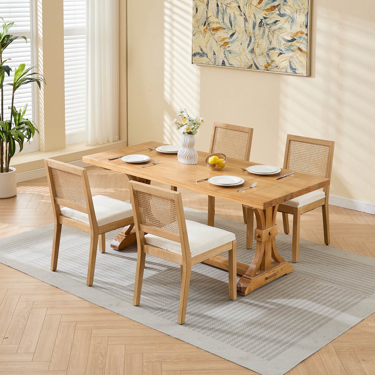 MEUNIQ Eetkamerstoelen set van 2 met cane rugleuning, houten frame en gestoffeerde zitting, beige stoel voor eetkamer, keuken of woonkamer