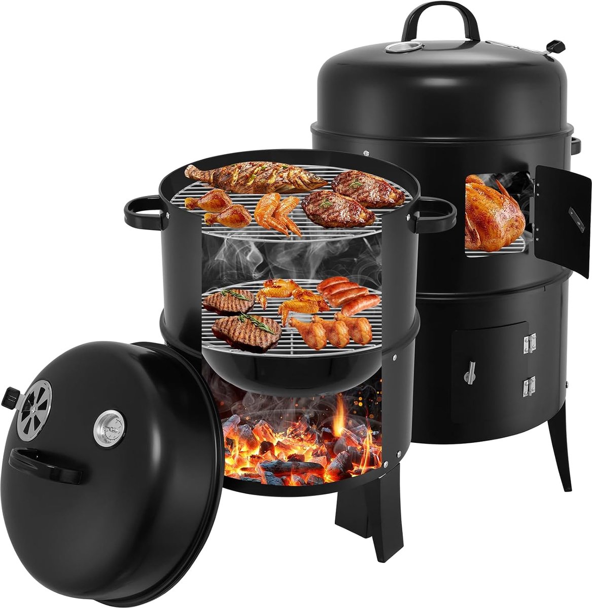SnelShoppen - BBQ Rookoven Ø 41 cm - Grote Outdoor Grill met Thermometer en 6 Afzuigsleuven - Houtskoolgrill voor Camping, Picknick, Tuin en Outdoor K