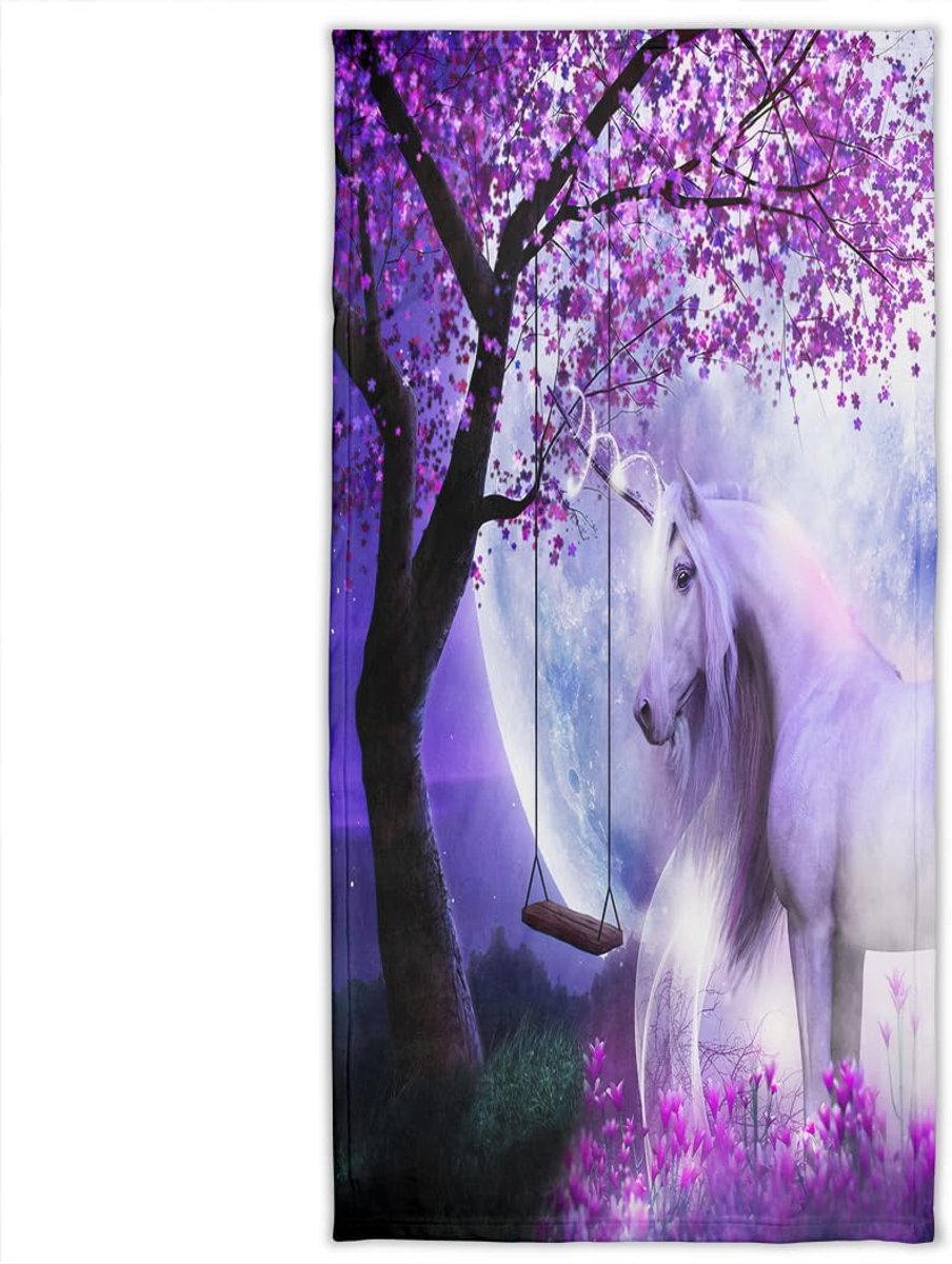 SnelShoppen - Badhanddoek Paars Bloemenboom Witte Eenhoorn 70cm x 140cm Strandhanddoek, Zacht Katoen, Absorberend, Perfect voor Fitness, Reizen, Sport