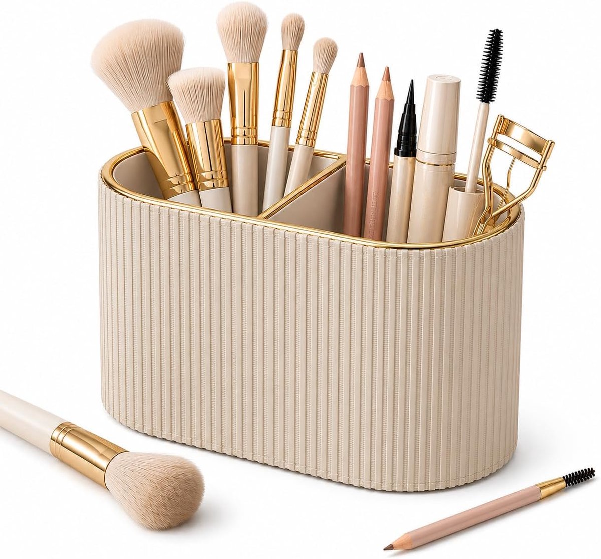 SnelShoppen - Makeup Borstelhouder - Makeup Organizer - Cosmetica Opbergdoos - Badkamer en Make-up Tafel - Beige - Duurzaam en Lichtgewicht Plastic -