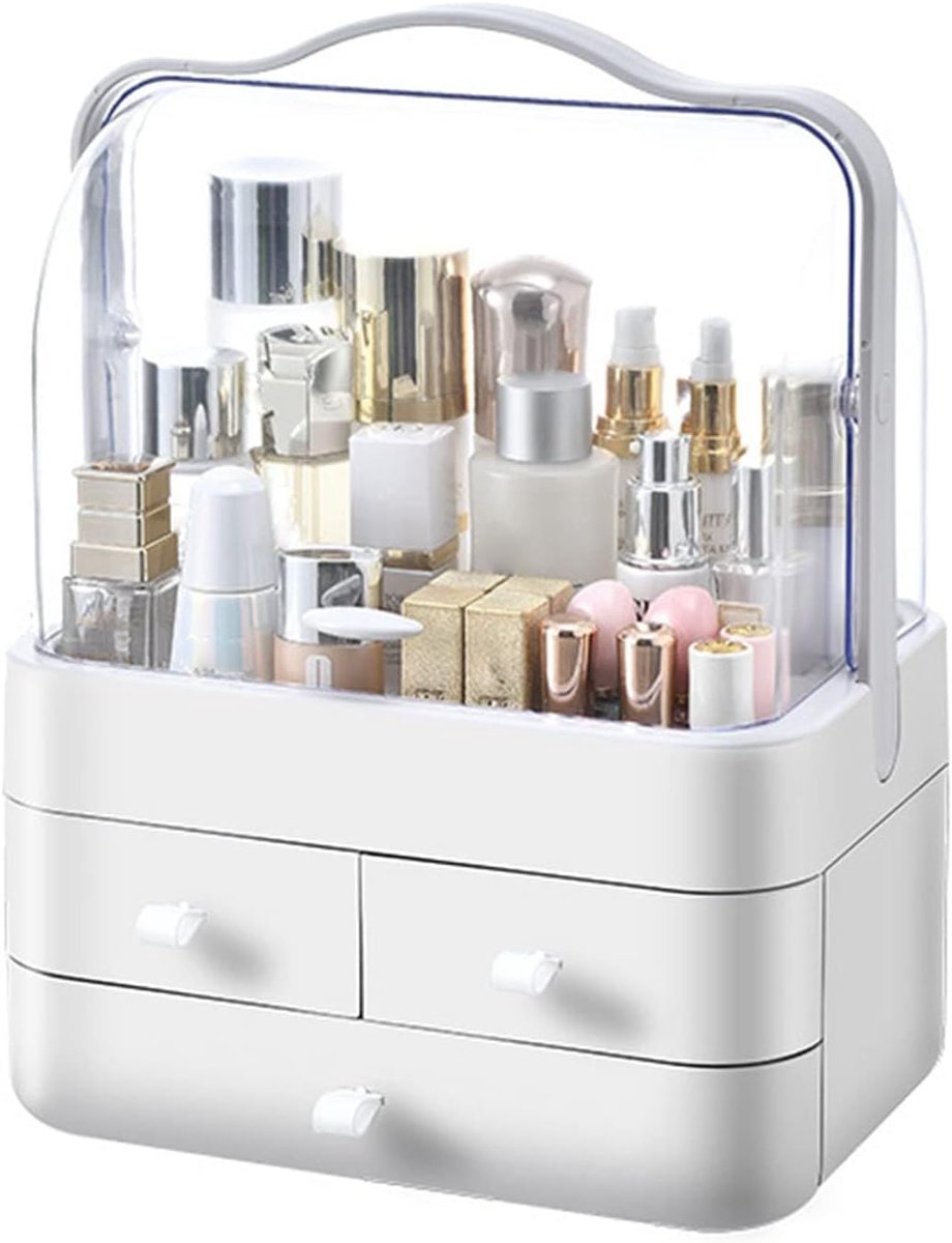 SnelShoppen - Makeup Organizer Dustproof Cosmetic Organiser Box met 3 Lades Wit | Grote Capaciteit Makeup Opbergdoos voor Lippenstift, Parfum, Badkame