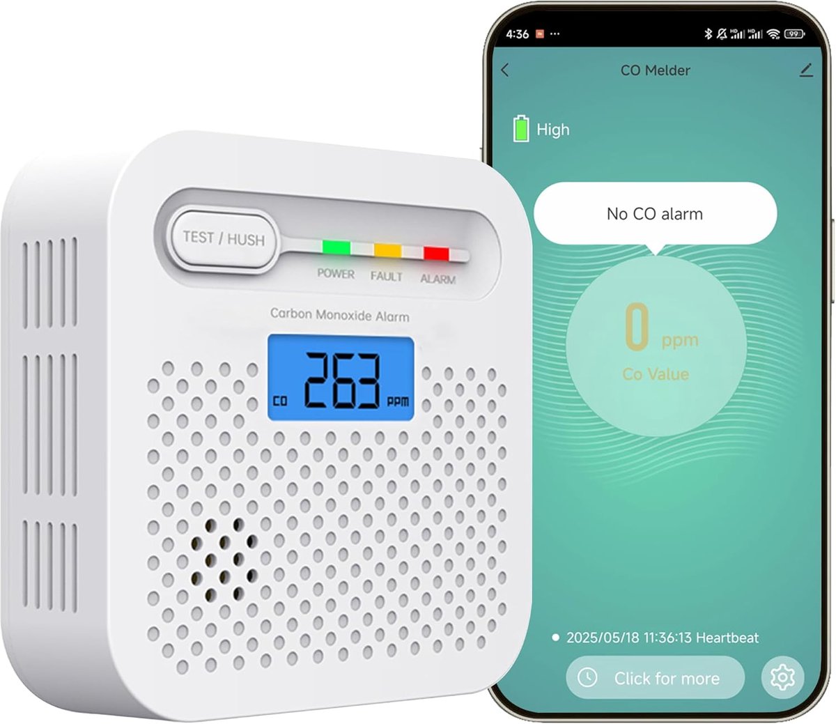 SnelShoppen - Koolmonoxidedetector CO detector met 10 jaar batterij, LCD display, 85 dB alarm, EN 50291 gecertificeerd, 1 stuk