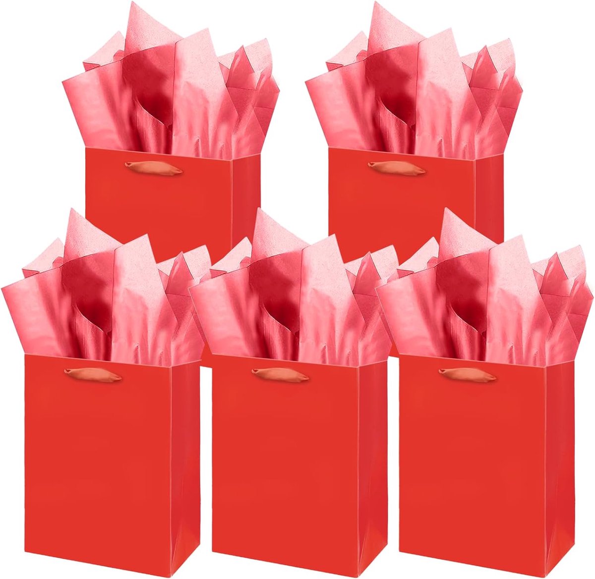 SnelShoppen - Rode Papieren Cadeauzakken voor Bruiloft, Verjaardag, Feestjes, 20x11x24 cm, 5 Stuks + Tissuepapier, Herbruikbare Kartonnen Zakjes