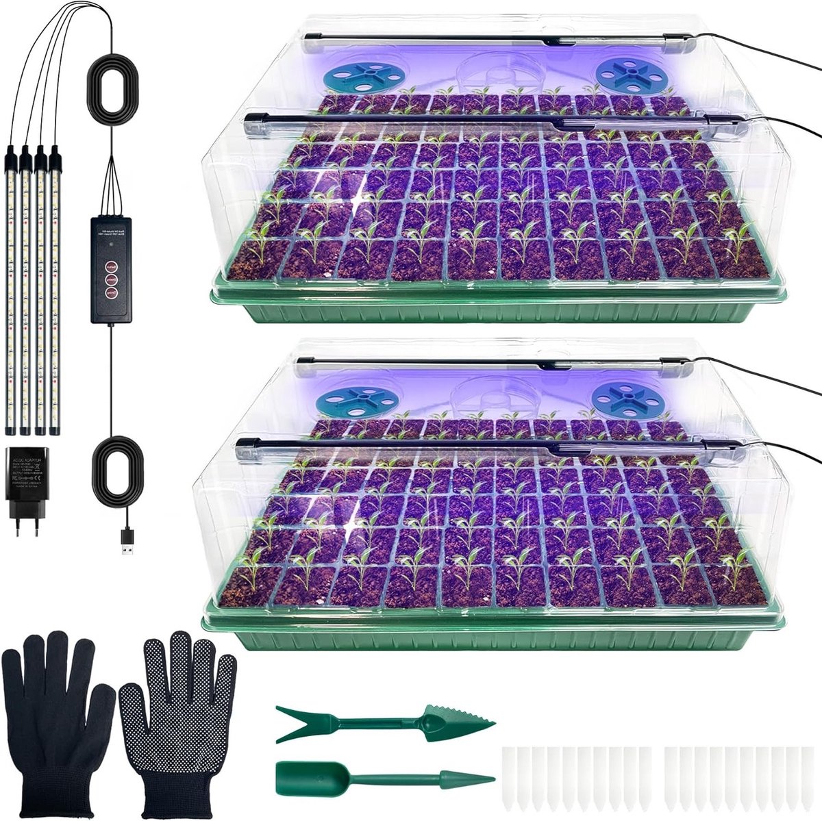 Kweekset voor Planten met 120 Cellenszaaibak, LED Verlichting, Temperatuur- en Vochtigheidsregeling, Inclusief Plantlabels en Tuingereedschap