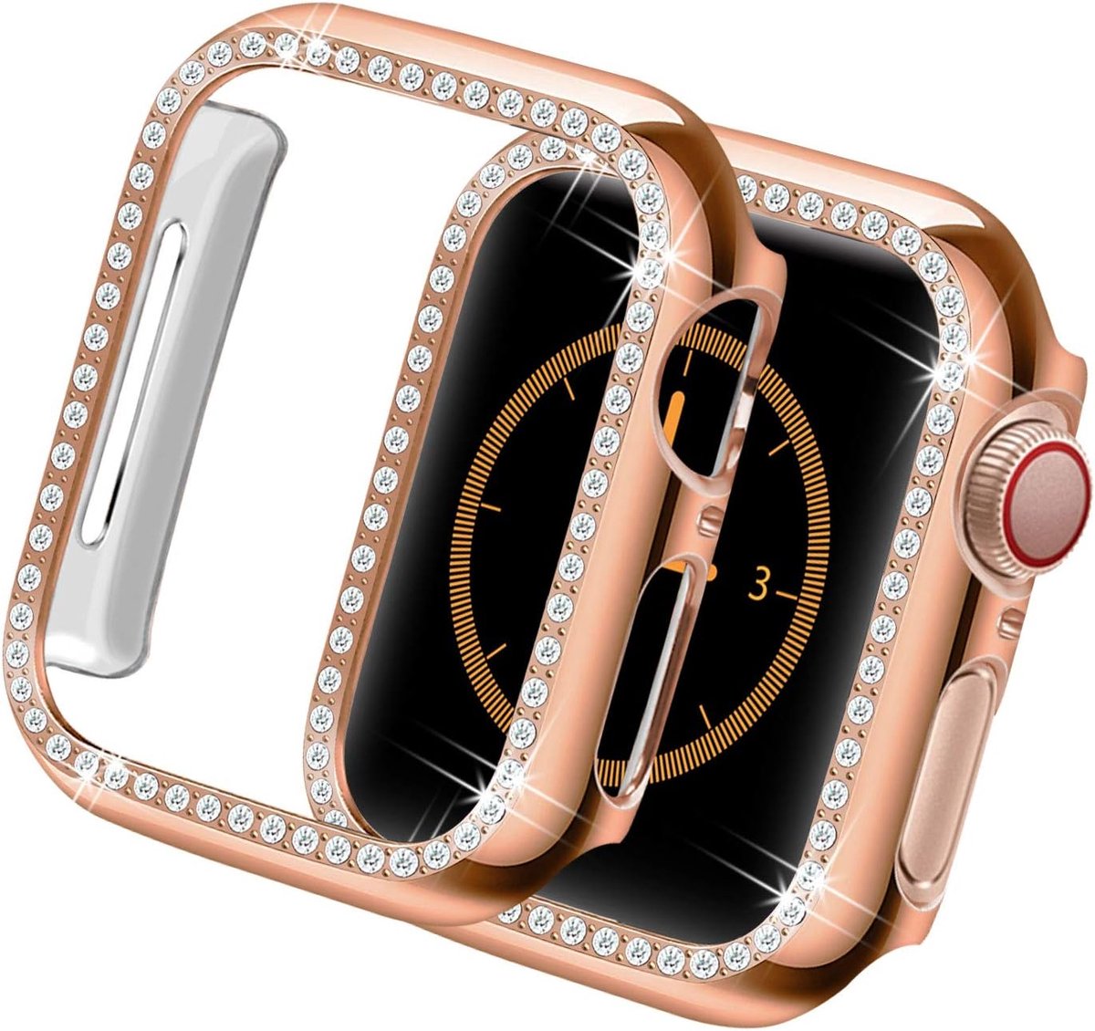 SnelShoppen - Shockproof Beschermhoes voor Apple Watch 41 mm - Luxe Rhinestone Frame voor Series 9/8/7 - Hard PC - Roze Goud