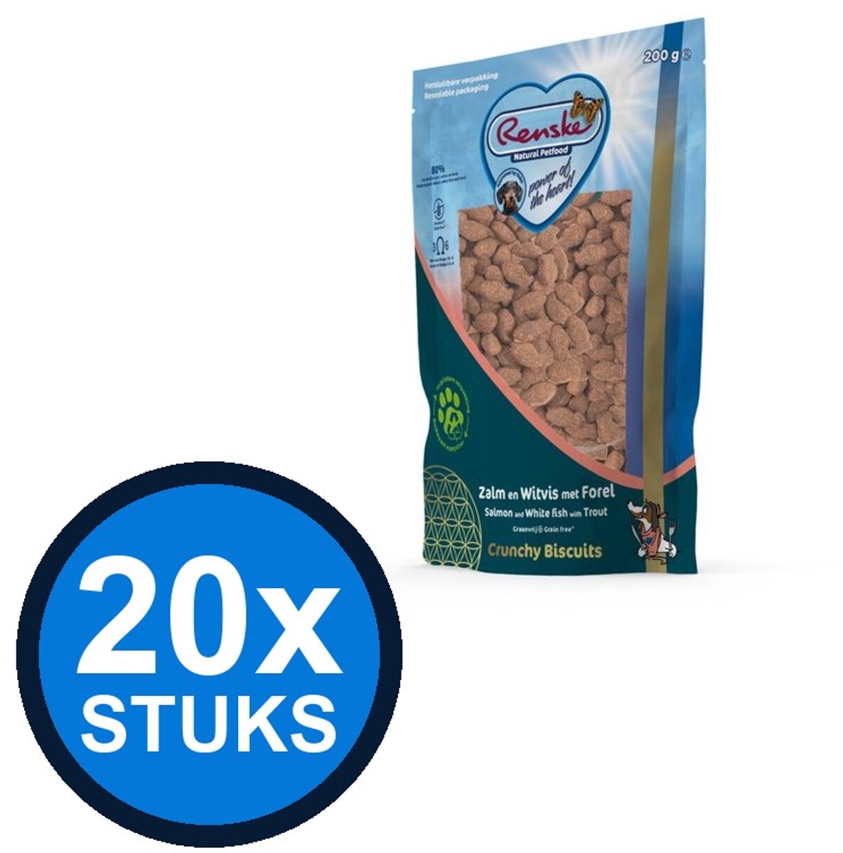 20x Renske - Gezonde beloning hond crunchy zalm&witvis&forel 200gr - Hondenvoer Snacks - 200 g