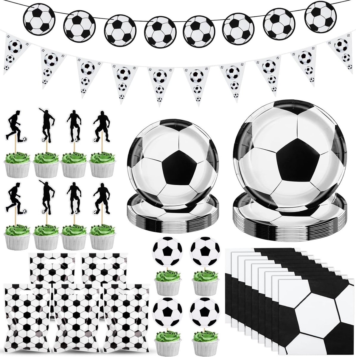 Voetbal Feestartikelen Set met 80 Stuks, Papieren Bordjes, Servetten, Cadeauzakjes en Versieringen voor Kinderfeestjes en Verjaardagen