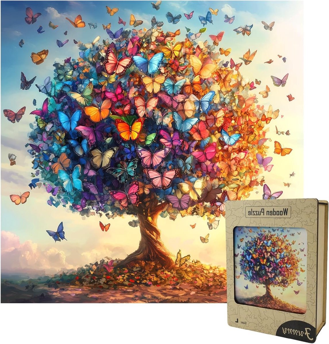 Kleurrijke houten puzzel voor volwassenen, 29 x 29 cm, 193 stukjes, unieke vlinder en levensboom, onregelmatige vormen, ideaal voor stressvermindering en wanddecoratie, perfect cadeau voor puzzelliefhebbers