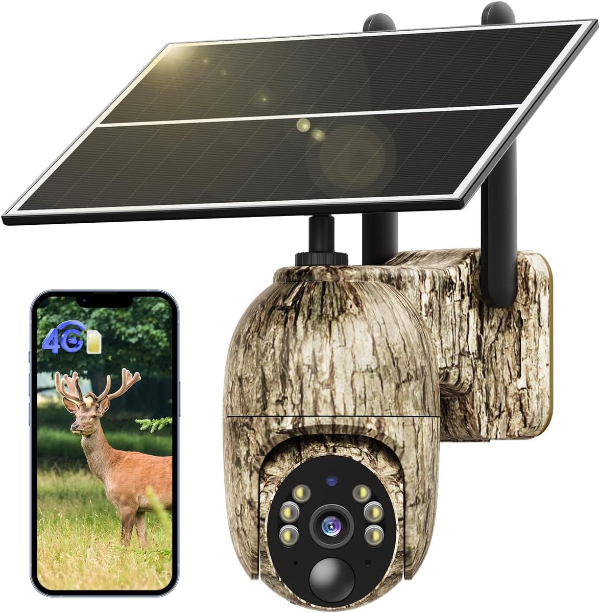 SnelShoppen - Hunting Camera 4G en SIM Kaart - 2K Live Video Camera met Zonnepaneel + 32GB Kaart - 360° PTZ Onzichtbare Infrarood Fotovallen - 2-Weg A