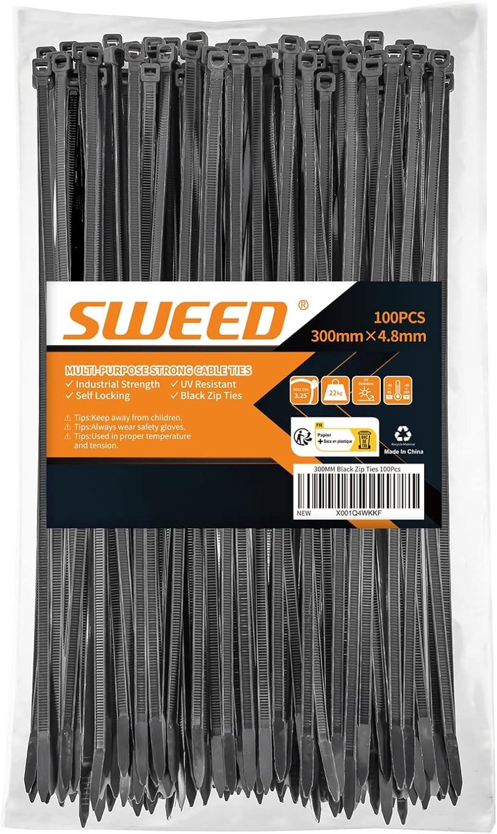 SnelShoppen - 300mm Zwart Kabelbinders - 100 Stuks Zelfvergrendelende Premium Bindmiddelen voor Binnen en Buiten - Ideaal voor Cables, Tuin, Feesten