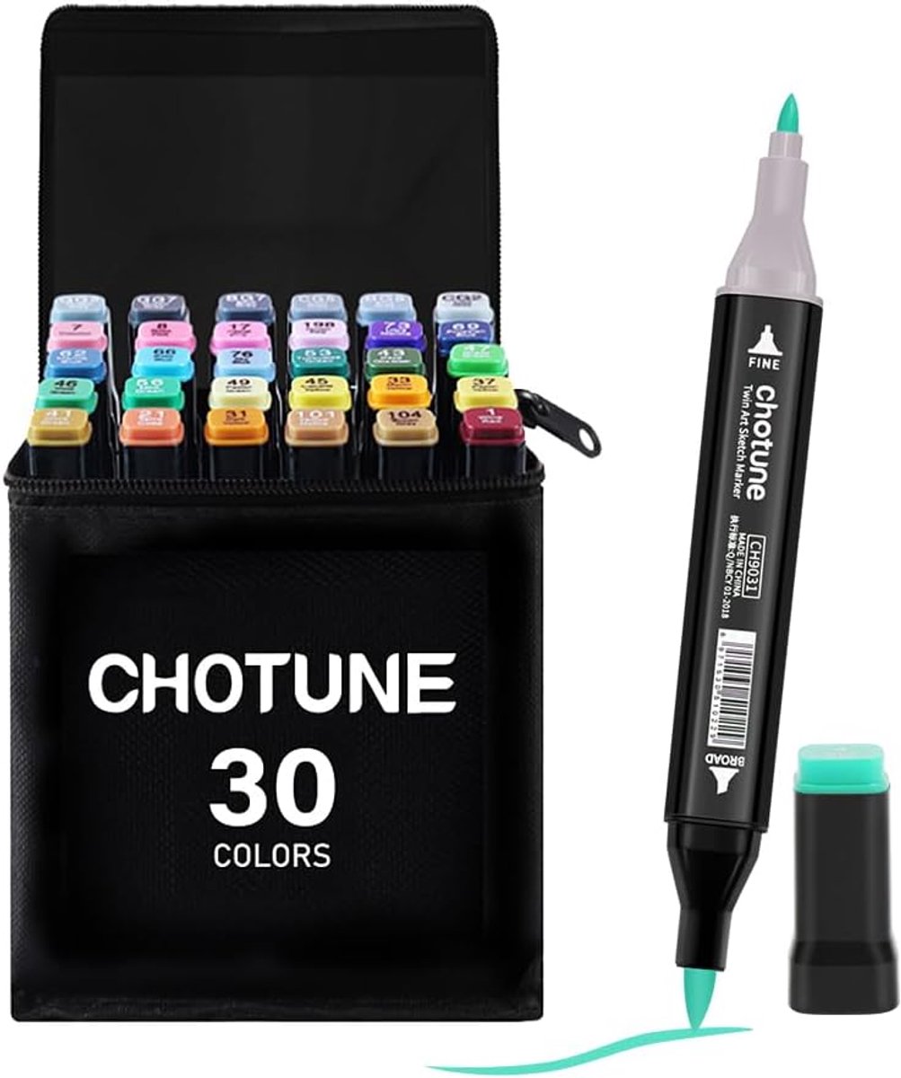 SnelShoppen - Alcohol Markers Set 30 Kleuren met Dubbel Punt, Fijne & Borstel Tip voor Manga, Anime, Calligrafie, Sneldrogend met Opbergbasis en Draag