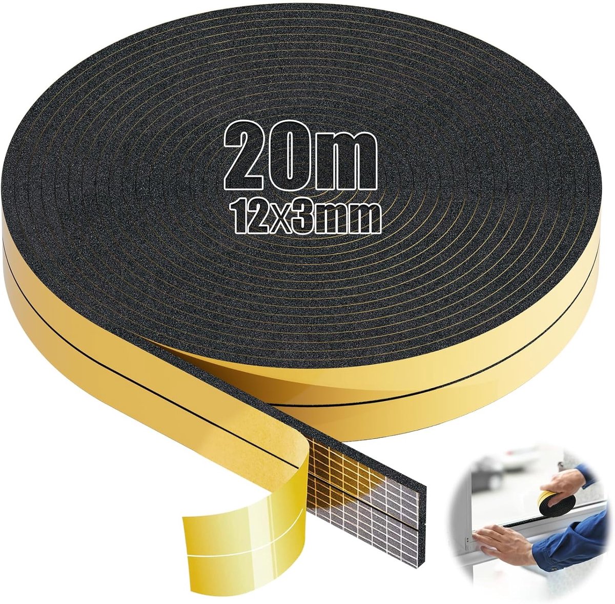 SnelShoppen - Sealer Tape 20 m - Zelfklevende Isolatie Strips 12 mm x 3 mm - Zwarte Foam Voor Deuren, Ramen, Geluidsisolatie