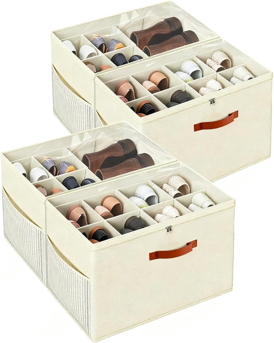 SnelShoppen - Set van 2 Opvouwbare Stoffen Schoenen-Organizers, Ruimtebesparende Schoenendozen met Handvat voor Maximaal 16 Paar, Transparant Deksel e