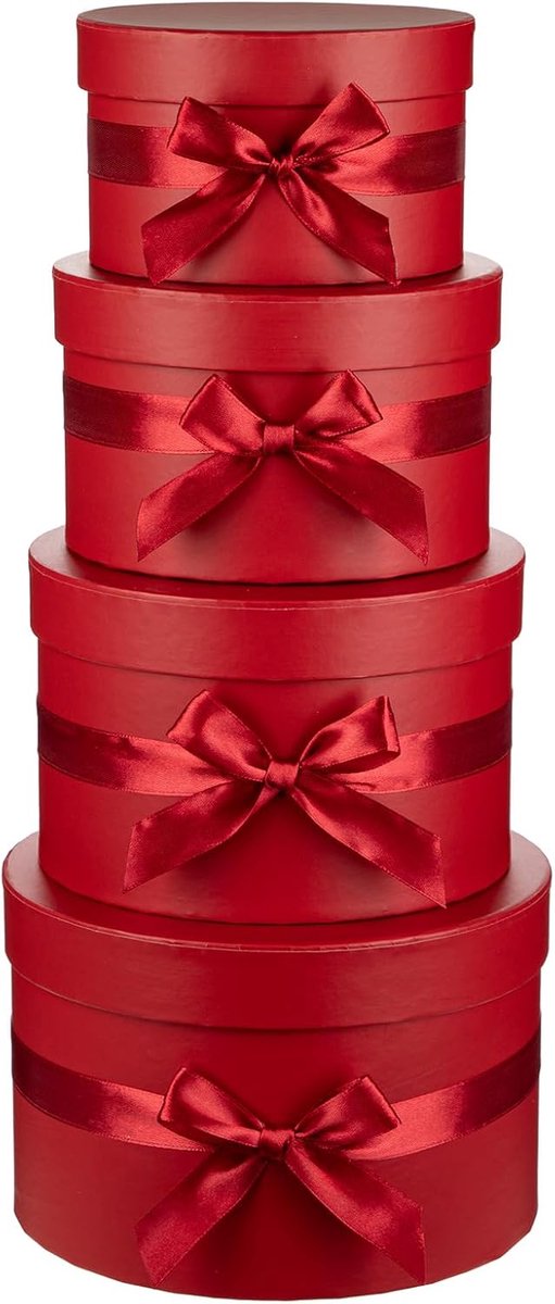 SnelShoppen - Set van 4 Luxe Ronde Cadeauboxen met Deksel en Strik, Papieren Hoedendozen voor Verjaardag, Bruiloft, Valentijnsdag, Kerstfeest, Feestel